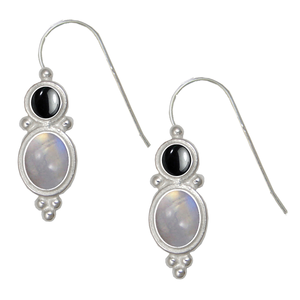 Sterling Silver Drop Dangle Earrings Rainbow Moonstone And Hematite